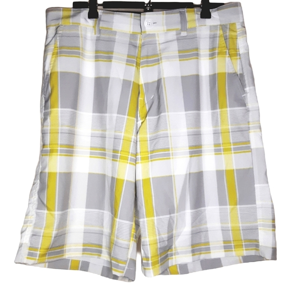 OP OPFLEX four way stretch grey and yellow plaid shorts Size 32